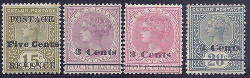 Ceylon 1890/2 surcharges:  group of 4 mint. SG 233, 241/3. See below.
