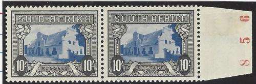 Union 1944 10/- blue & charcoal marginal & part sheet no. Superb MNH. SACC 63b/SG 64d. See below.