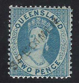 Queensland 1868 2d "SPECIMEN" fine mint. Scarce. SG 60. CV R 1,300+. See below.