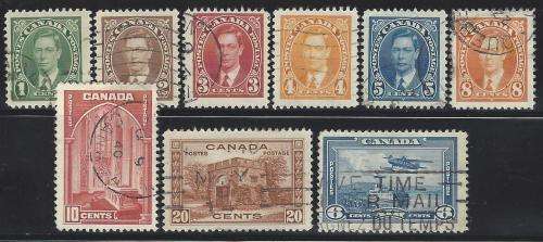 Canada 1937 Group of 9 fine used. SG 357/63, 365, 371. See below.