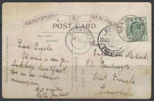 Transvaal: Rare 1911 (`unseen before`) REMHOOGTE cds (Xmas Day) p/card from DAVEL(`RR`) . See below.