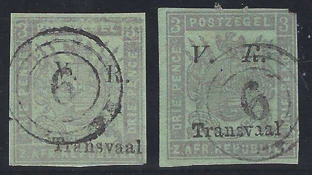 Transvaal: 1877 SACC 120 & 120f with Heidelberg Multi-ring canceller "9". CV R 1,750. See below.