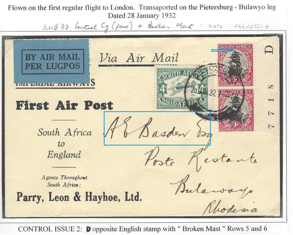 Union: June 1930 Roto 1d Issue 2 control piece "D" with variety on AIR POST cover. Rare. See below.