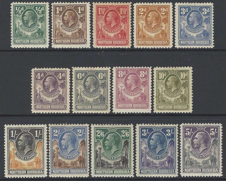 Rhodesia (Northern) 1925/9 set of 14 to 5/- fine mint. SG 1/14. See below.