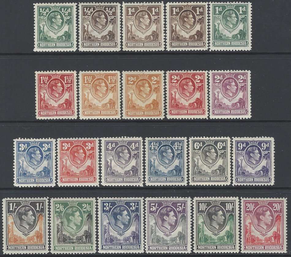 Rhodesia (Northern) 1938/52 George VI extended set of 22 fine mint. SG 25/45, 27a. See below.