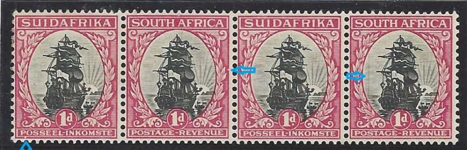 Union: June 1930 Roto 1d Issue 1 strip with 3 varieties: V6, V23 & ano. fine mint. See below.