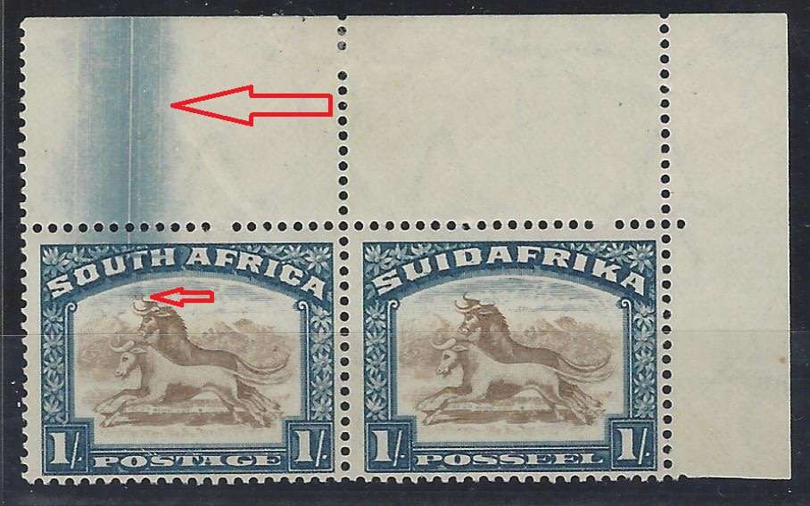 Union 1935 Roto 1/- "TWISTED HORN" & BLUE SMUDGE fine mint. SACC 49a variety/SG 48cw. See below.