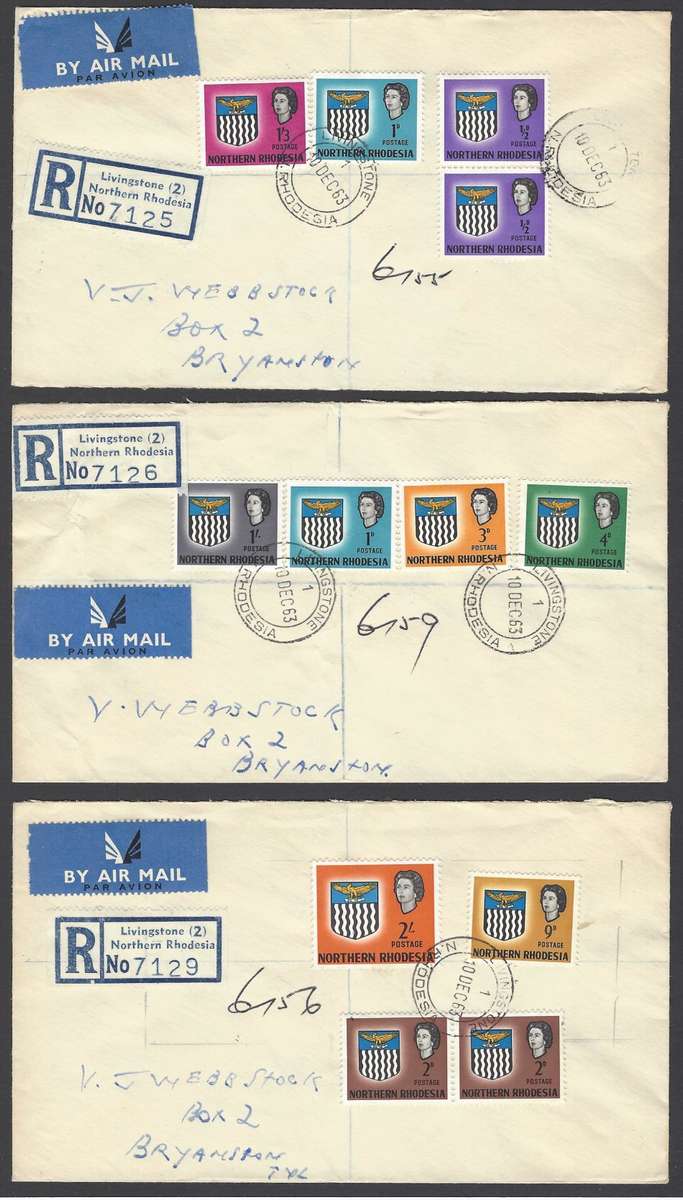 Rhodesia (Northern) 1963 full set of 14 on 5 covers with First Day of Issue cds. Scarce. See below.