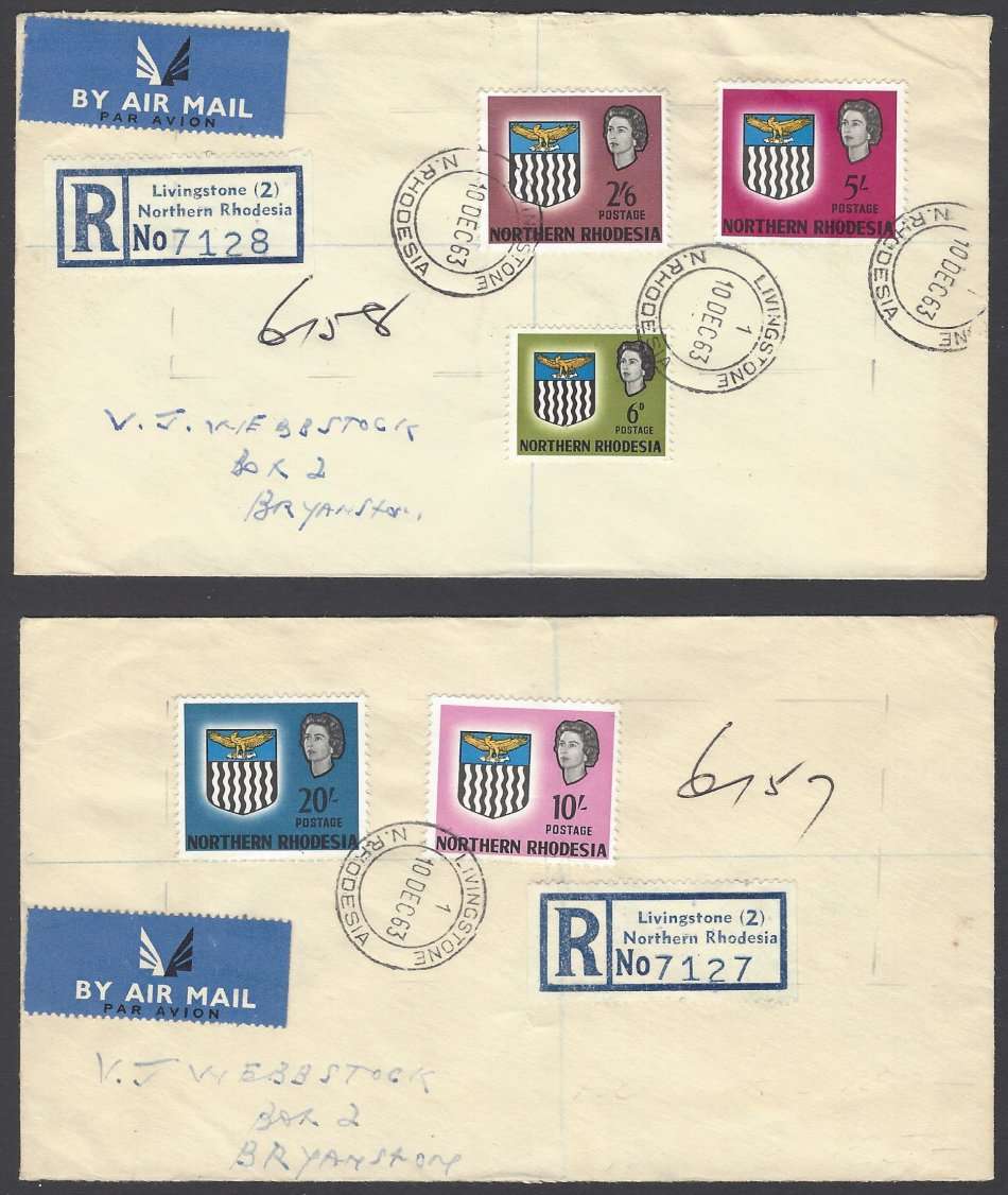 Rhodesia (Northern) 1963 full set of 14 on 5 covers with First Day of Issue cds. Scarce. See below.
