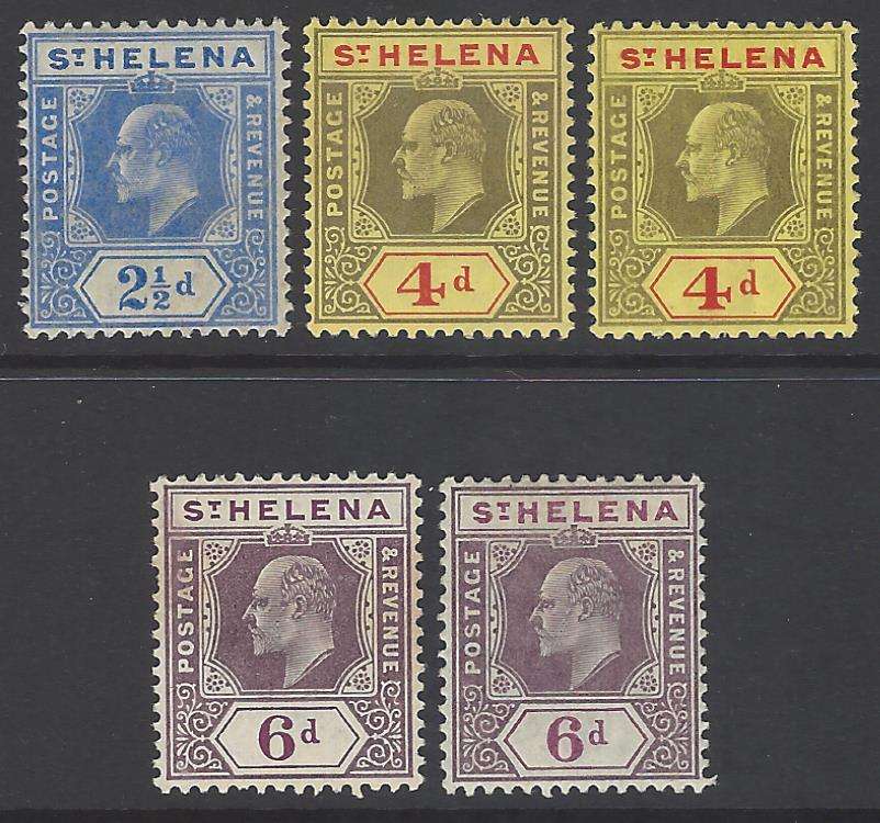 St. Helena 1908/11 Extended set of 5 MNH/FM. SG 64/7, 64a, 67a.CV R 1,500++. See below.