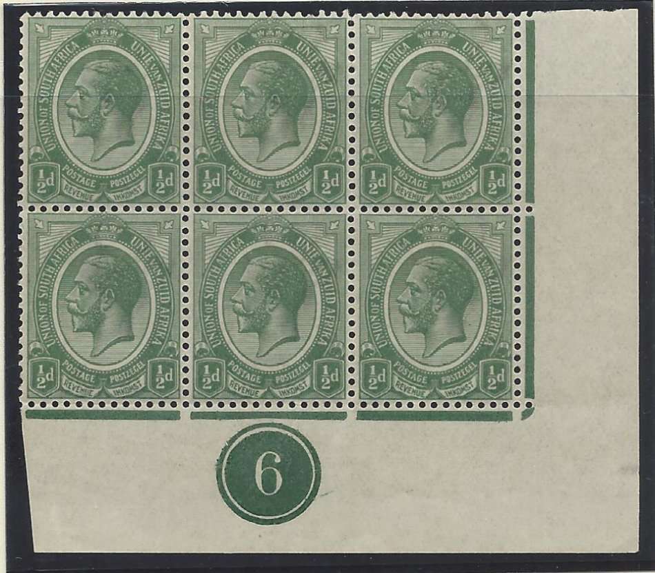 Union Kings Head 1/2d bottom RH Plate block 6 MNH/fine mint. See below.