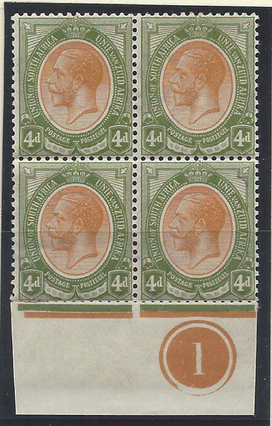 Union Kings Head 4d bottom plate 1 block MNH/VFM. SACC 9. See below.