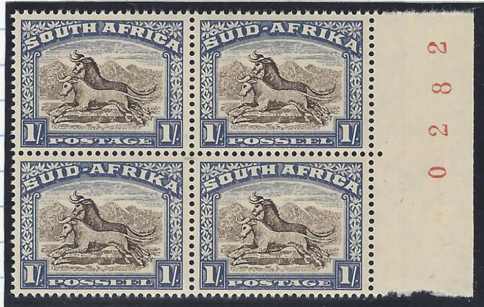 Union: 1950 Issue 5 Red sheet number block superb MNH. SACC 119. See Below.