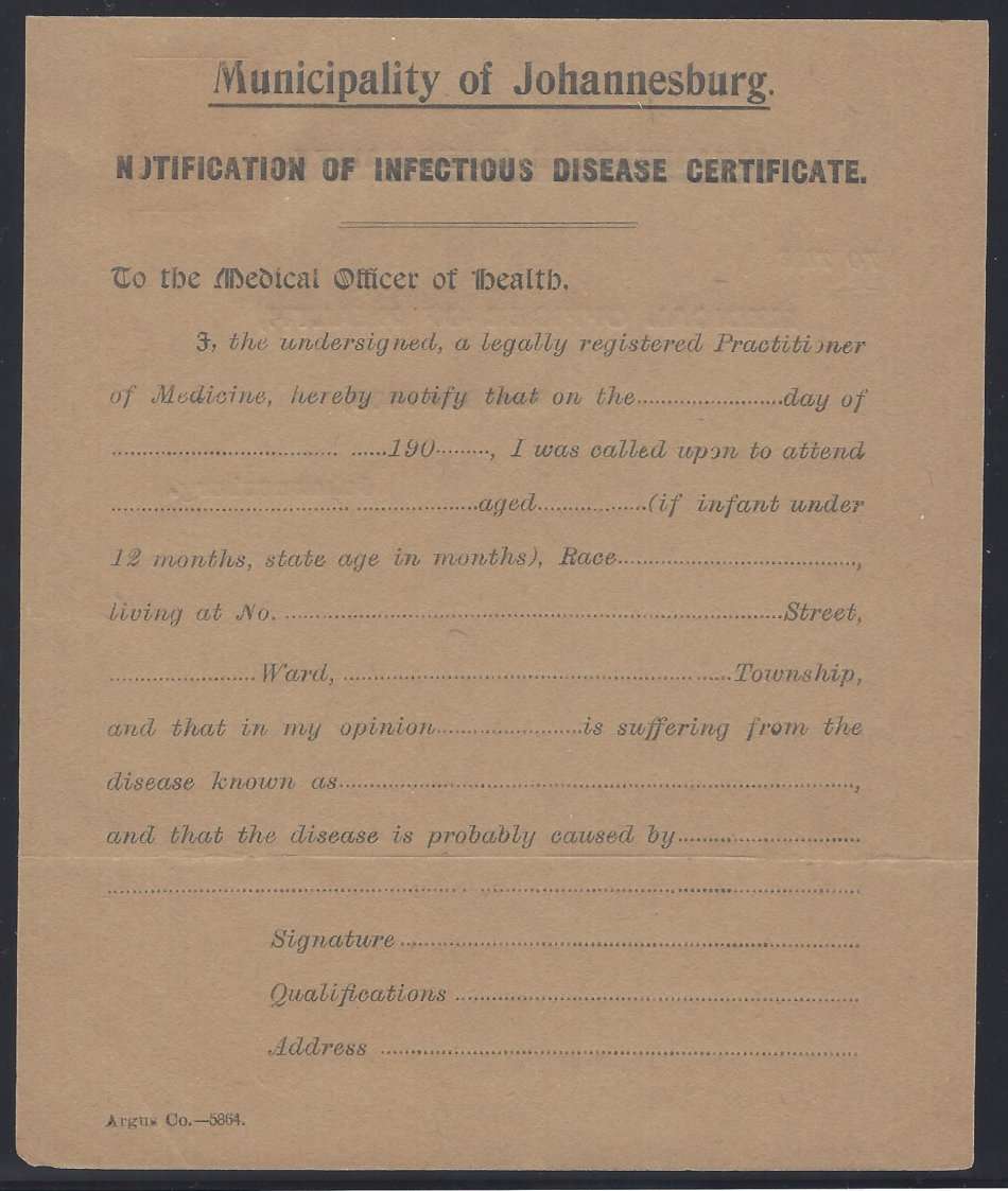 Transvaal: Rare 1900's Johannesburg pre-stamped Infectious Disease Certificate. See below.