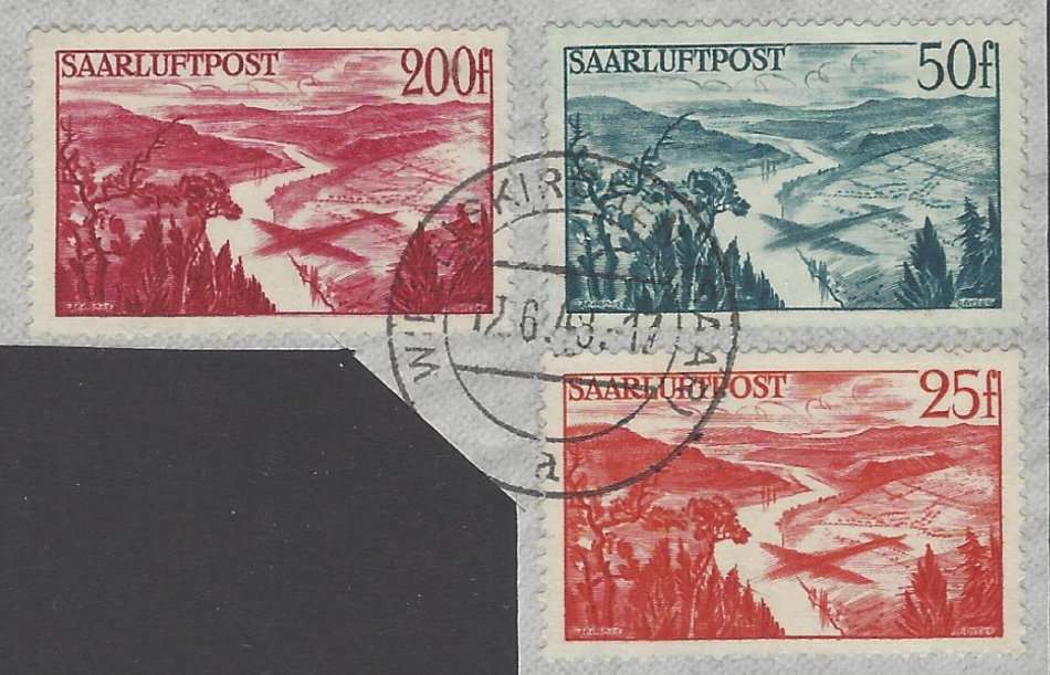 Germany (SAAR) 1948 AIR set of 3 fine used on piece. SG 249/51. CV R 1,150. See below.