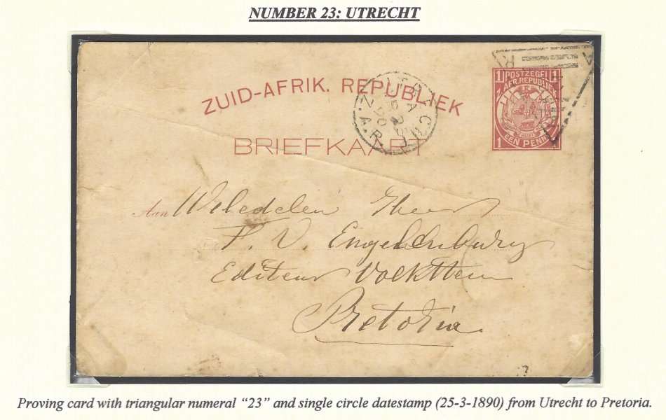 Transvaal: Triangle "23" UTRECHT Proving card. Very Scarce. See below.