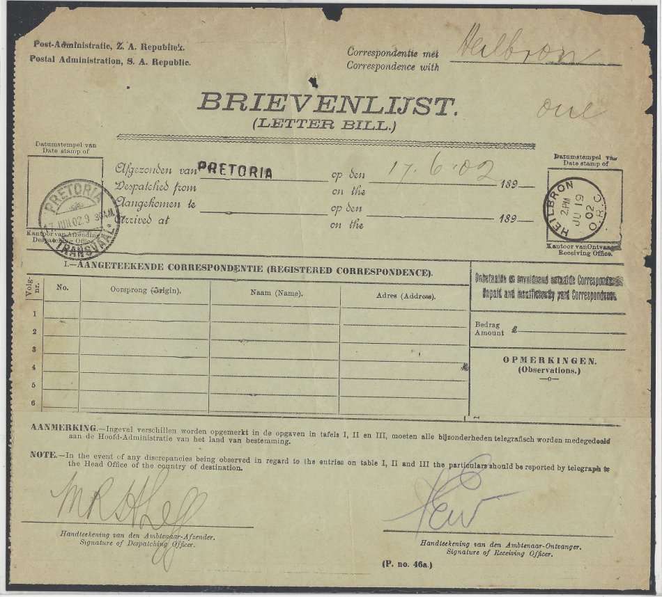 Transvaal/OFS - Rare ZAR 1902 BRIEVENLIJST (Letter bill) PRETORIA/HEILBRON. See below.