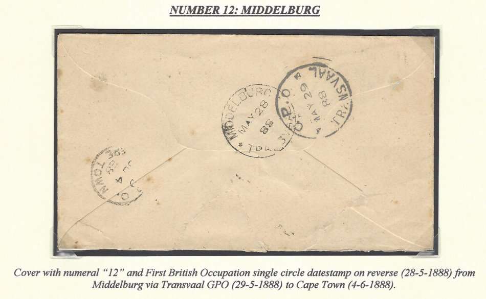 Transvaal: 1888 Target "12" proving cover: MIDDELBURG/TRANSVAAL GPO/CAPE TOWN. See below.