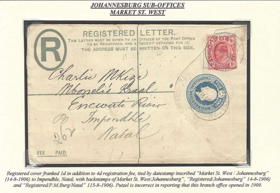 Transvaal: Johannesburg sub-offices: MARKET ST. WEST.  See below.