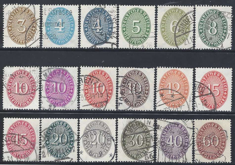 Germany 1927/33 set of 18 fine used. SG O 424/41. CV R 2,350. See below.