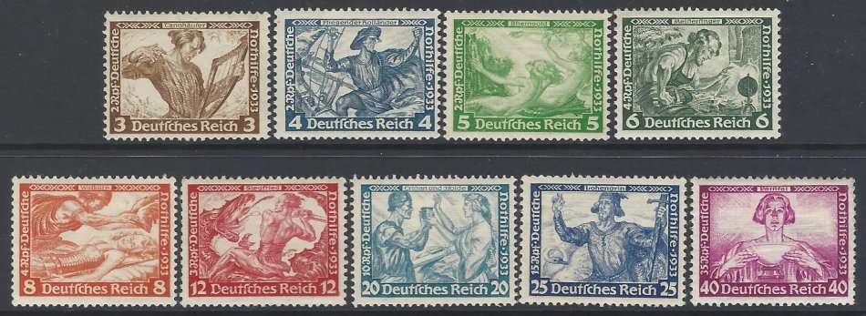 Germany 1933 Scarce set of 9 fine mint/MNH. SG 513/21. CV £ 605/R 11,500. See below.