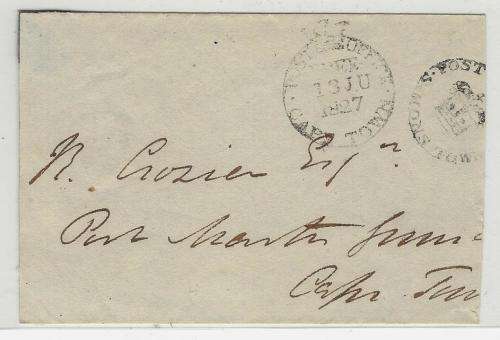 Cape 1827 (13 Ju) Reduced cover with clear "SIMON'S TOWN" and Official "Free" stikes. See below.