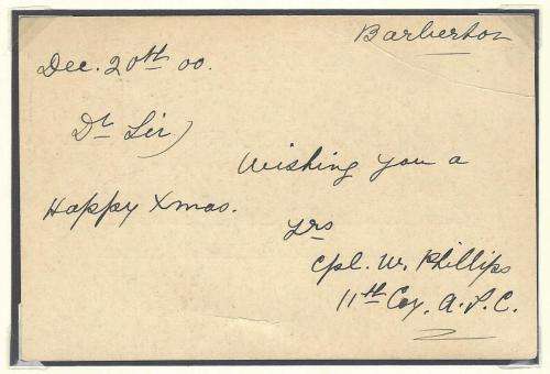 Boer War: 1900 ZAR card "V.R.I." with large "ARMY A.P.O. Barberton / South Africa" strike. See below