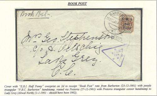 Boer War: 1901 Censored cover "BARBERTON/LADY GREY" endorsed "BOOK POST". SCARCE.