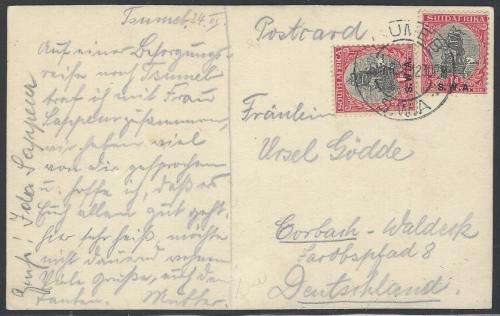 SWA Postal history: 1928 Historic picture p/card TSUMEB/GERMANY. See below.
