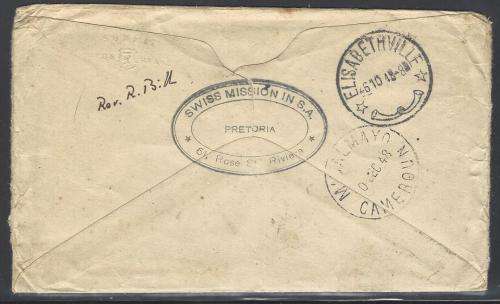 Union: RARE 1948 Taxed cover SWISS MISSION PRETORIA/ELISABETHVILLE/CAMEROUN. See below.
