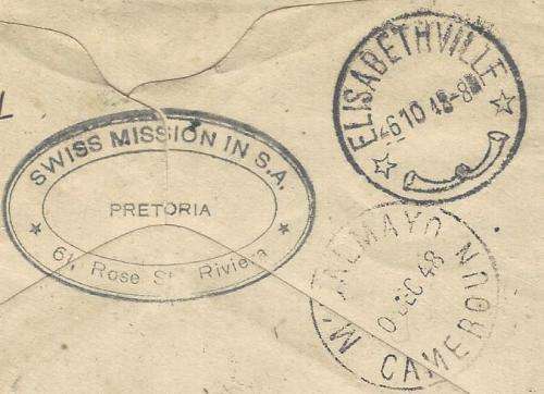 Union: RARE 1948 Taxed cover SWISS MISSION PRETORIA/ELISABETHVILLE/CAMEROUN. See below.