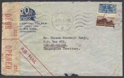 Union 1943 Censored `20th Century Fox` cover JOHANNESBURG to DAR ES SALAAM. See below.