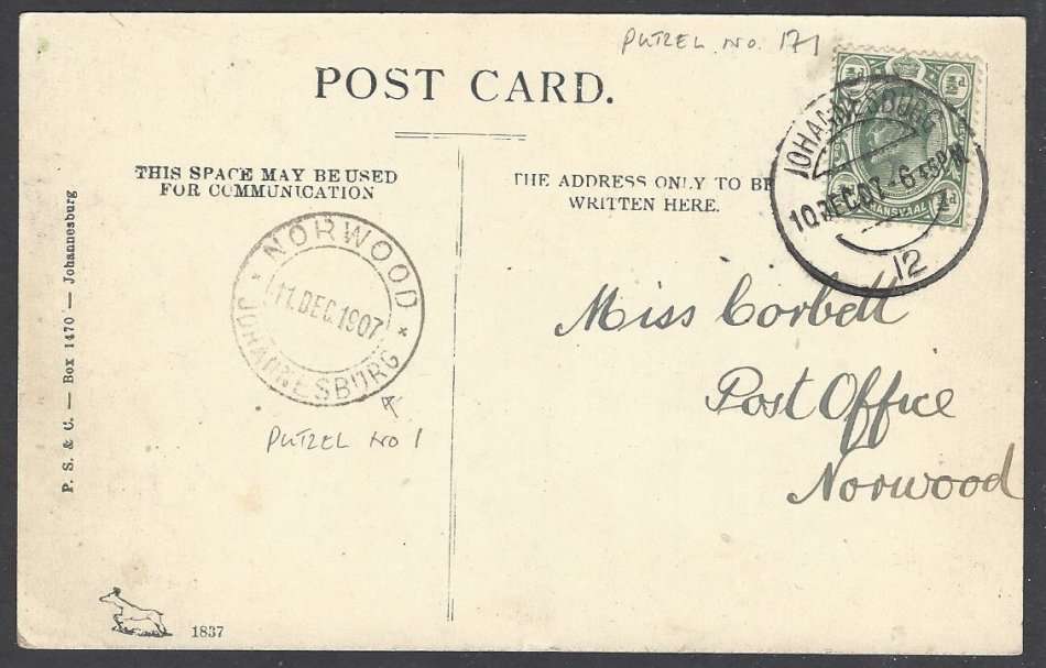 Transvaal: 1907 postcard JOHANNESBURG (counter) No. 12 (Putzel 171) to Norwood. See below.