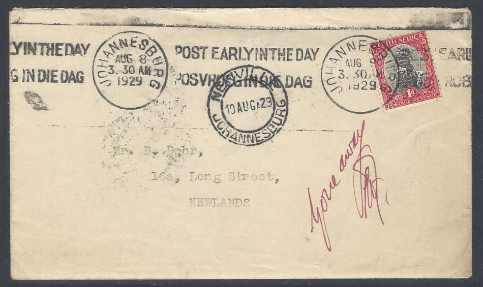 Union postal history: Scarce 1929 cover NEWVILLE & RETURNED LETTER OFFICE (1927 Pretoria 1d).