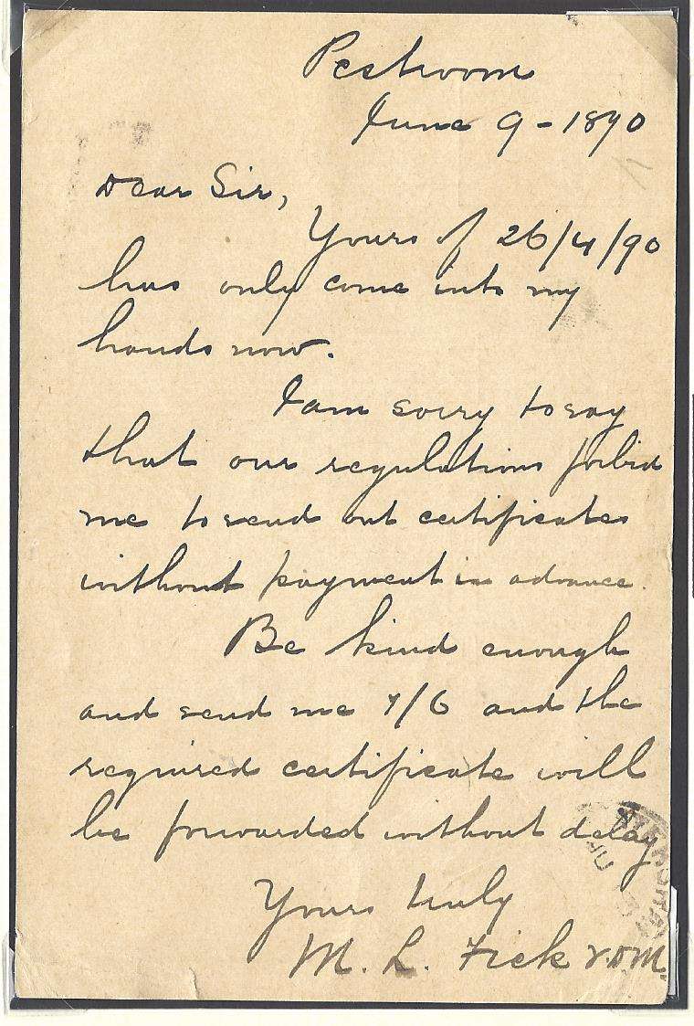 Transvaal: Rare 1890 RUSTENBERG with "E" instead of "U" cds on local card. See below.