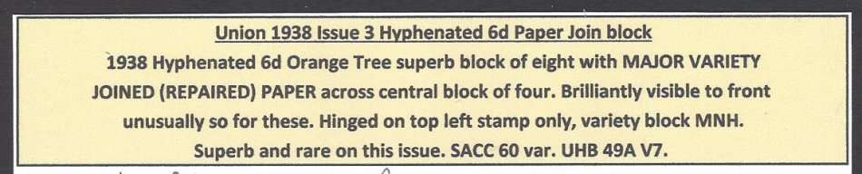 Union 1938 JOINED PAPER Hyphenated 6d block Superb Mint. See below.