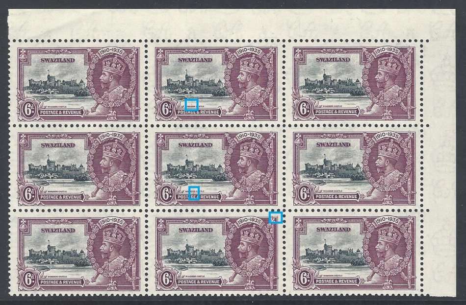 Swaziland 1935 Jubilee 6d corner block of 9 with VARIETIES. Superb MNH.  See below.