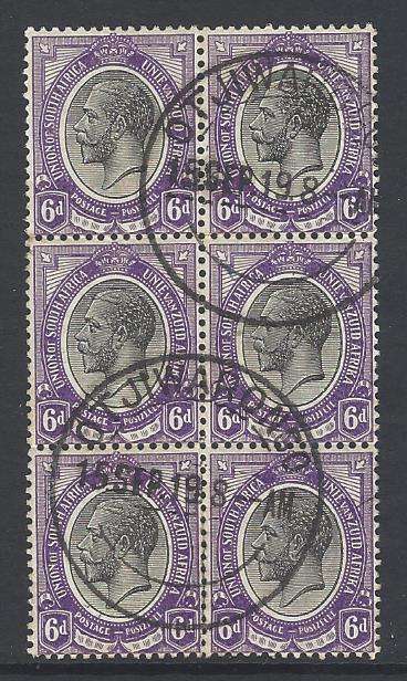 SWA Forerunners: 6d block of 6 with OTJIWARANGO 15/9/1919 cds. SACC SA 10. See below.