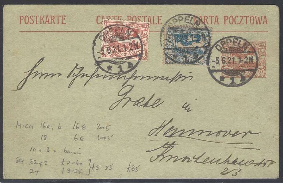 Germany (Upper Silesia) 2 scarce 1921 used uprated postcards. See below.