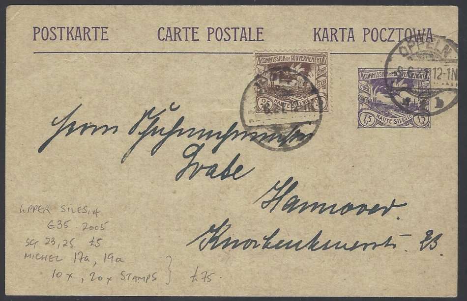 Germany (Upper Silesia) 2 scarce 1921 used uprated postcards. See below.