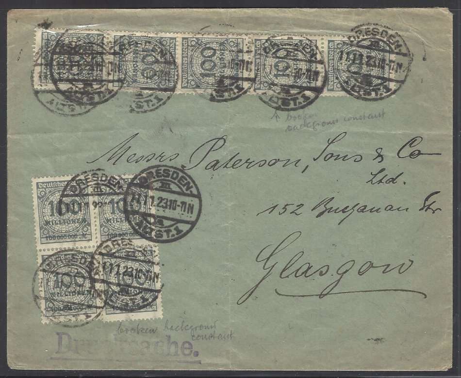 Germany 1923 Cover from Dresden to Glasgow with varieties. See below.