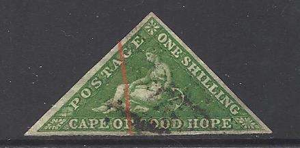 Cape Triangle: 1858 1s bright yellow-green fine used. SACC 8. CV R12,000. See below.