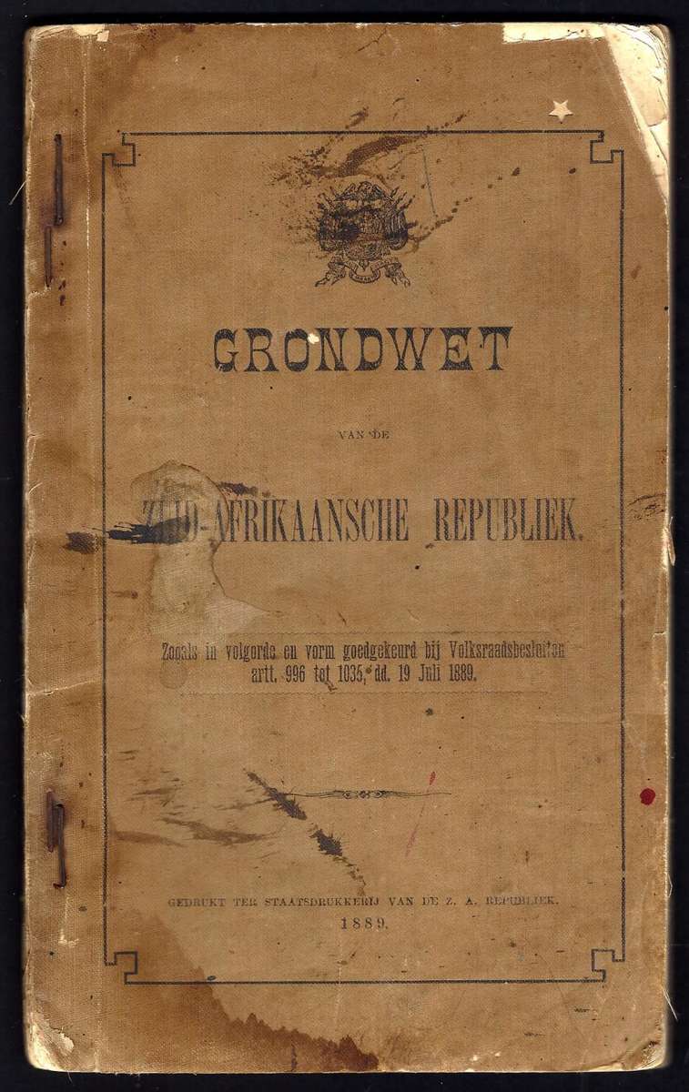 ZAR Rare 1889 Historic Grondwet publication with multiple Laws belonging to Barberton Veldcornet.