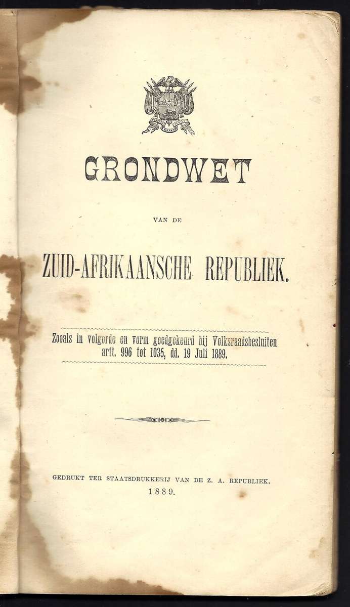 ZAR Rare 1889 Historic Grondwet publication with multiple Laws belonging to Barberton Veldcornet.