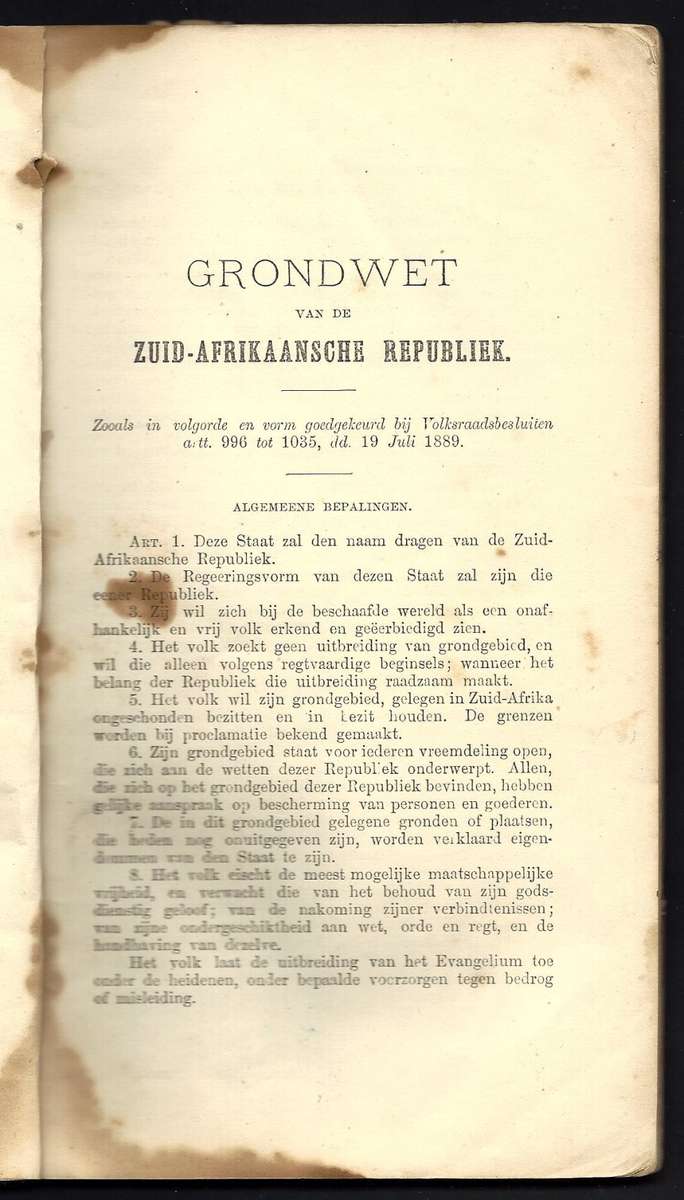 ZAR Rare 1889 Historic Grondwet publication with multiple Laws belonging to Barberton Veldcornet.