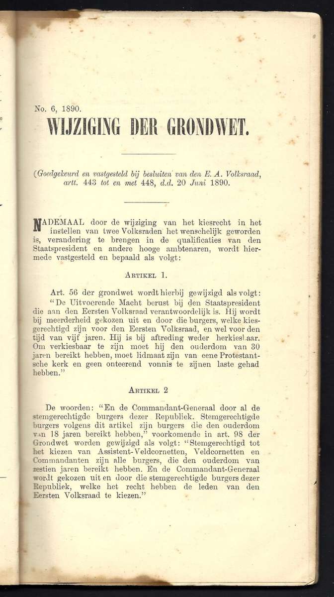 ZAR Rare 1889 Historic Grondwet publication with multiple Laws belonging to Barberton Veldcornet.