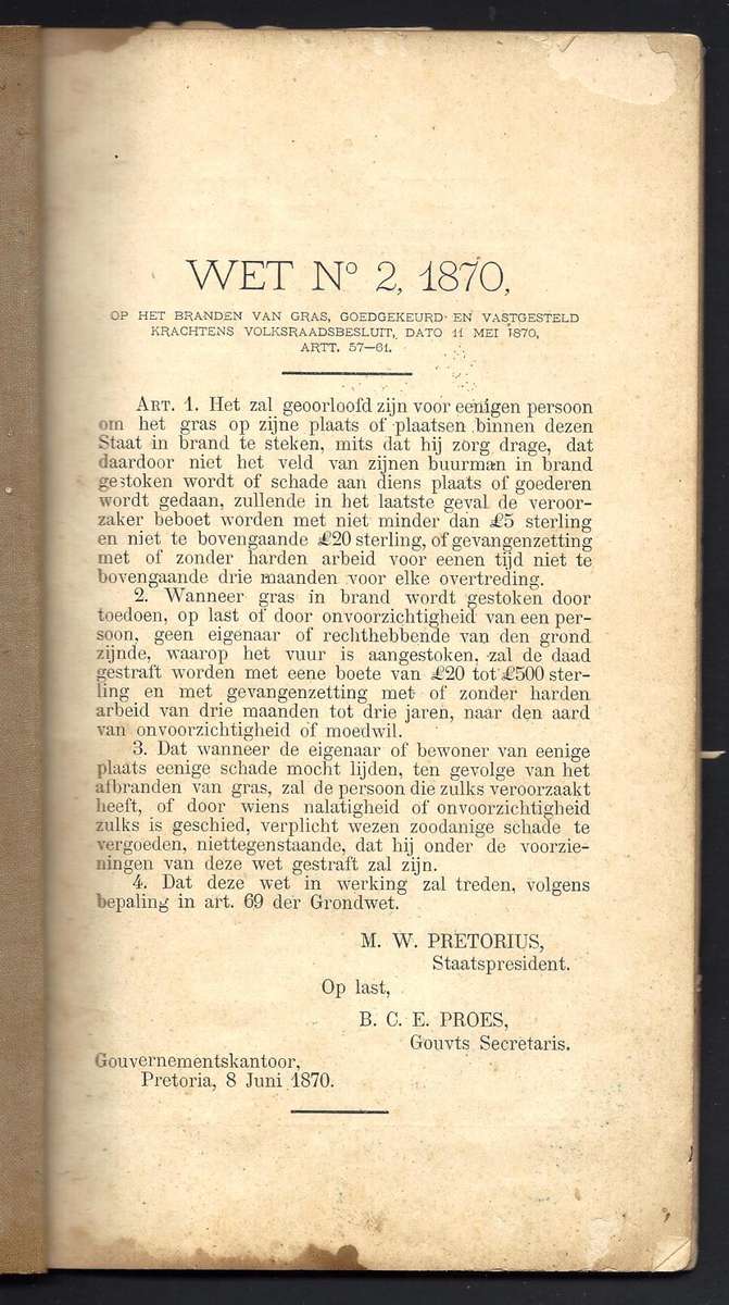 ZAR Rare 1889 Historic Grondwet publication with multiple Laws belonging to Barberton Veldcornet.