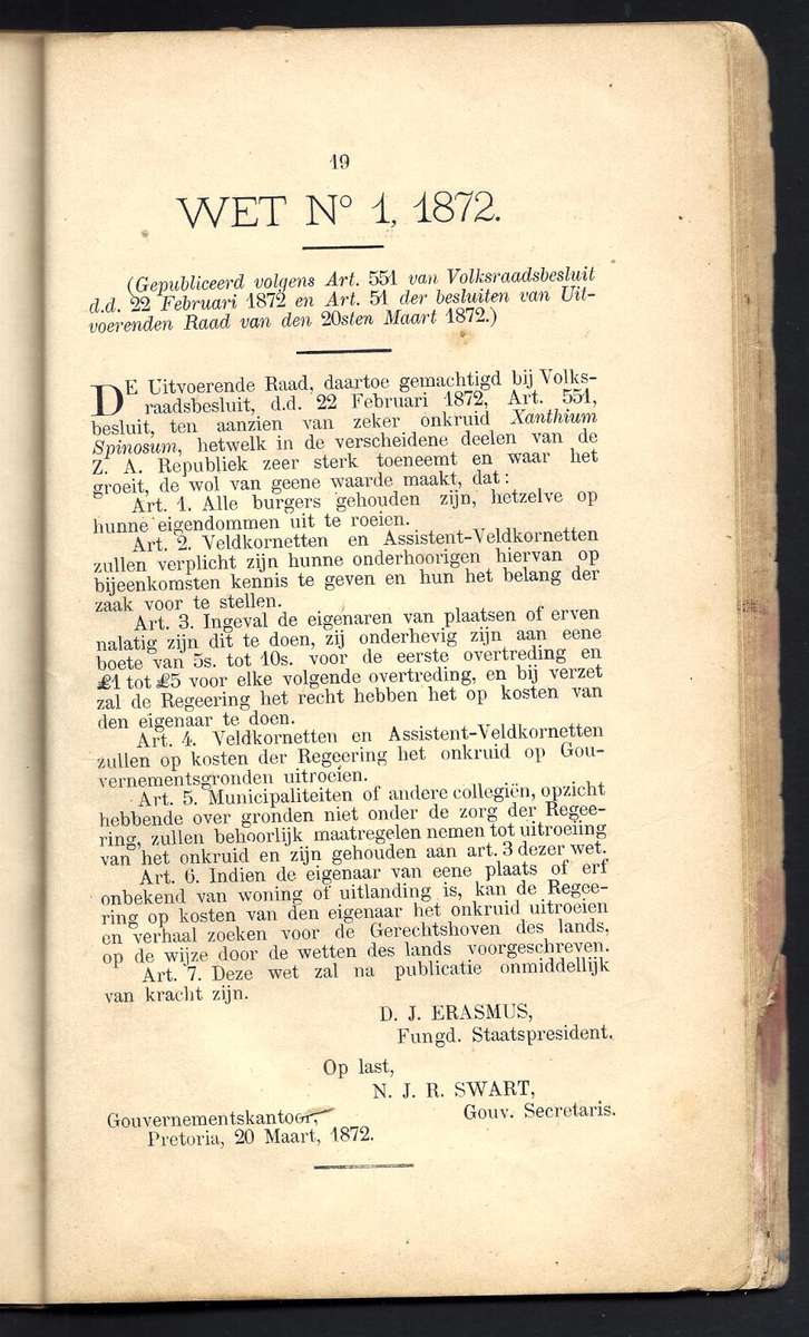 ZAR Rare 1889 Historic Grondwet publication with multiple Laws belonging to Barberton Veldcornet.