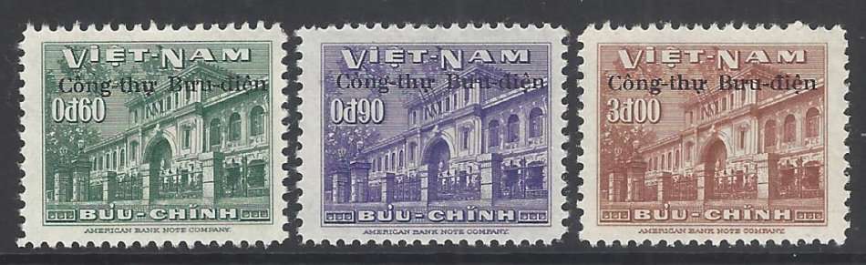 Vietnam 1956 overprint set of 3 VFM. CV R 900. SG S27/9. See Below.