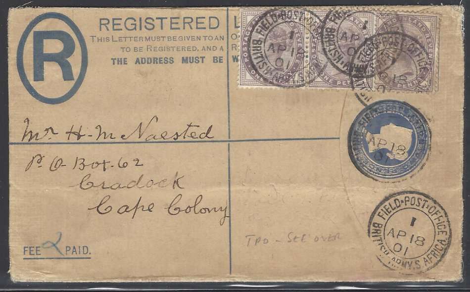 Boer War: 1901 Rare `BR. FIELD P.O.` /`N.E. T.P.O. DOWN`/`CRADOCK` regd. cover. See below.